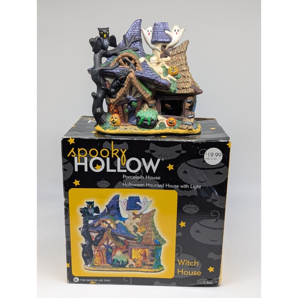 Vtg Spooky Hollow Witch House Porcelain Halloween Village Lighted Town Joann